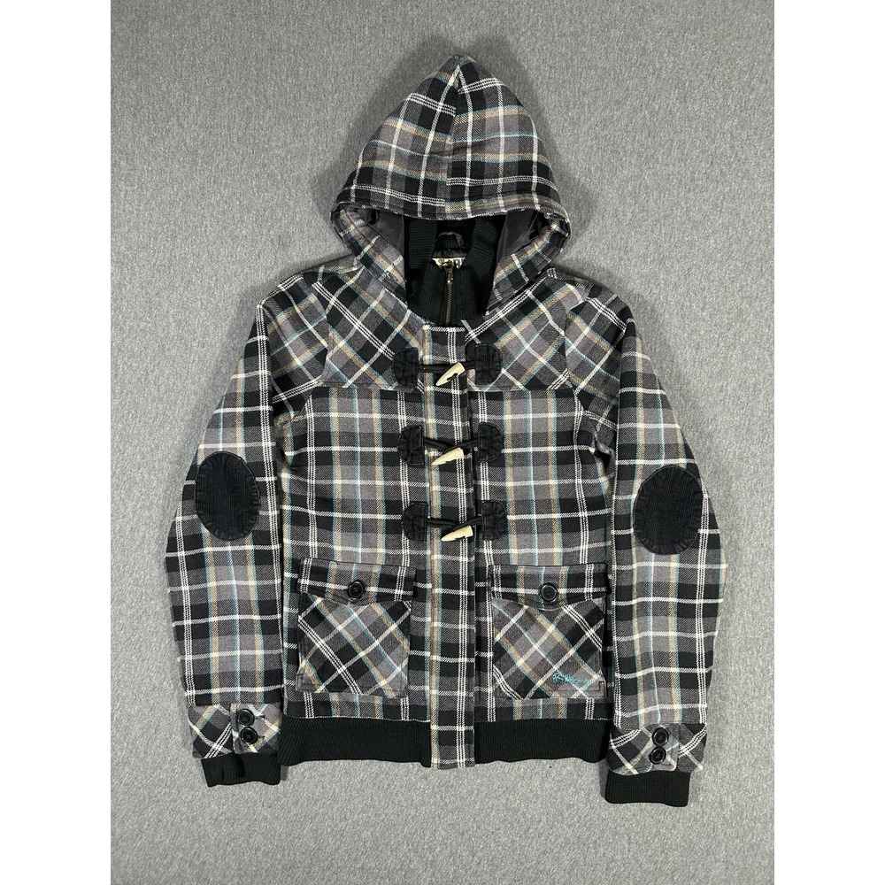 Billabong Plaid Toggle Hoodie Jacket Elbow Patches S